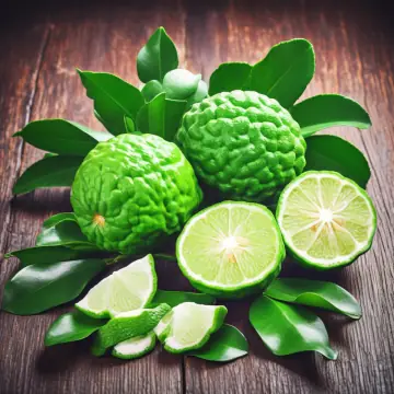 Green bergamot fruits, whole and cut, with leaves