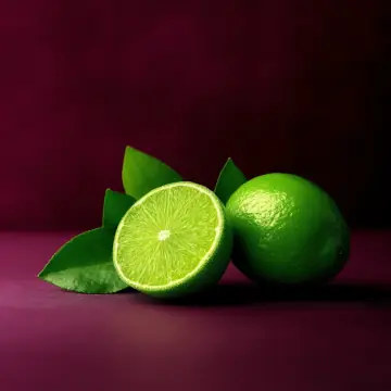 A whole lime and a lime half with leaves