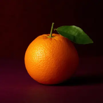 An orange with a green leaf