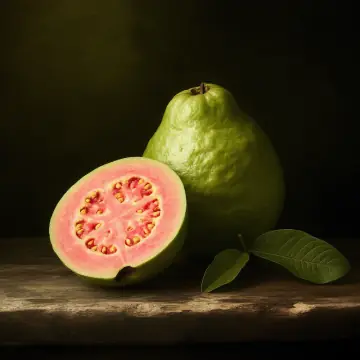A guava, whole and halved, showing pink flesh