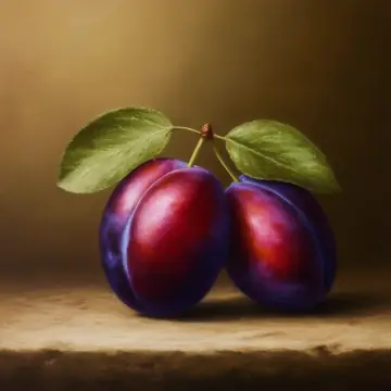 Two red-purple plums with leaves