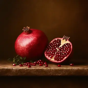 A pomegranate and a split half full of seeds