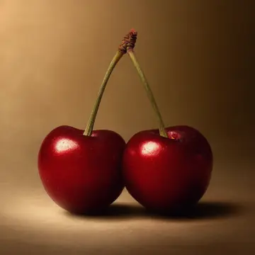 Two dark red cherries on their stems