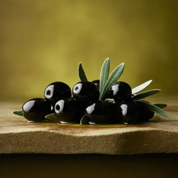 Black olives with olive leaves