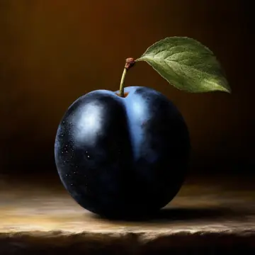 A dark blue plum with a leaf