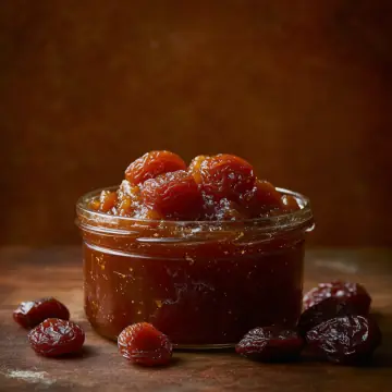 A jar of fruit jam surrounded by dried fruit