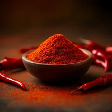 Ground red pepper in a bowl, with dried red chillies
