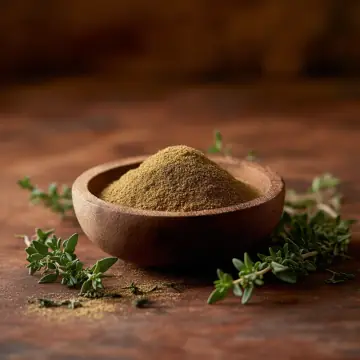 Dried thyme in a bowl beside sprigs of thyme
