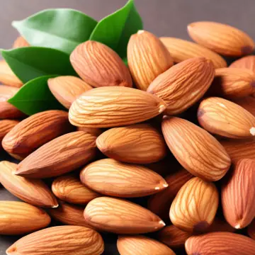 A pile of almonds with leaves