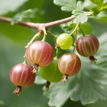 Gooseberries hanging from a branch