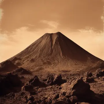 A volcano rising above dark, rocky ground