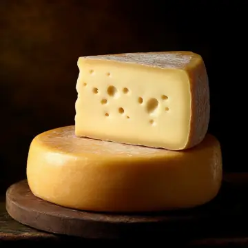 A wedge of cheese on a whole cheese with its rind