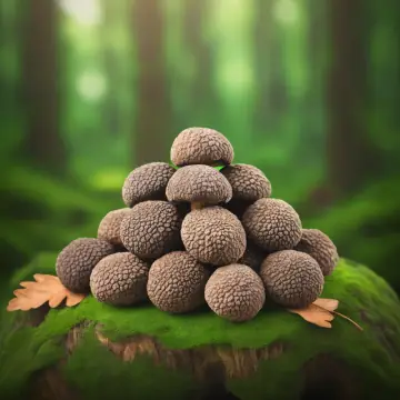 A pile of black truffles on moss in a forest