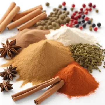 Mounds of ground spices with cinnamon sticks and star anise