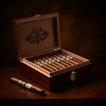 An open wooden box of cigars