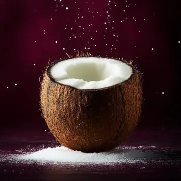 A halved coconut with white flesh