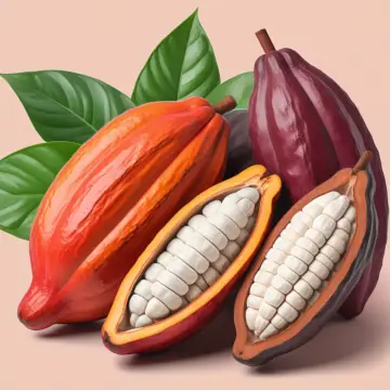 Cocoa pods cut open to show the beans