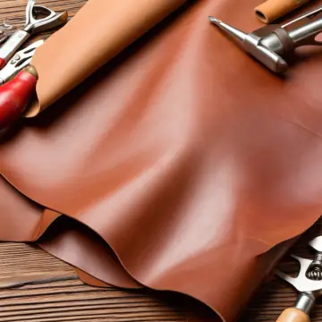 A sheet of tan leather with leatherworking tools